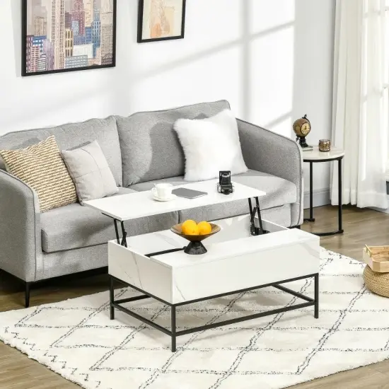 Modern White Lift Top Coffee Table with Hidden Storage and Metal Legs for Living Room or Hallway {4}