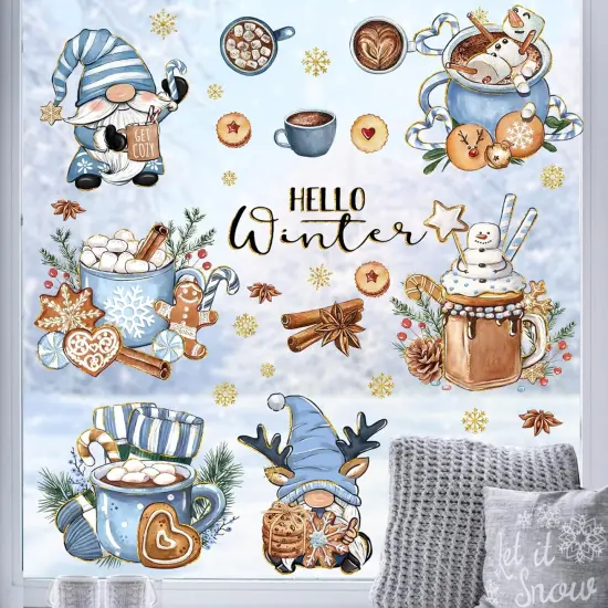 145 PCS Hello Winter Gnome Window Clings 9 Sheets {3}