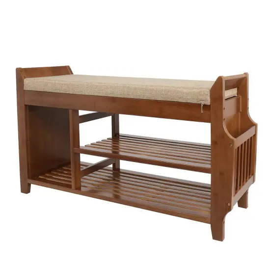 Brown Solid Wood Shoe Rack Bench with Cushioned Seat, Drawer and Shelves {1}