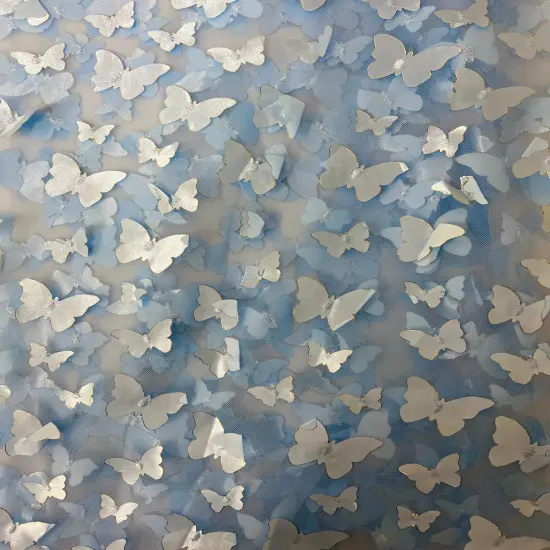 1 Yard 3D Butterfly Embroidered Satin Lace Polyester Fabric Elegant Material 60 Inch Width Baby Blue {1}