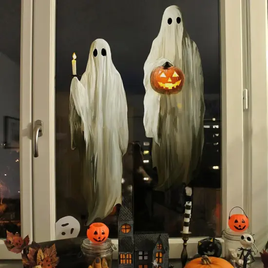 3pcs Extra Large Scary White Ghosts with Pumpkin Window Decals {4}