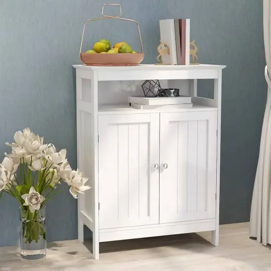 2-Door Bathroom Linen Cabinet with Storage Shelf in White Wood Finish {5}