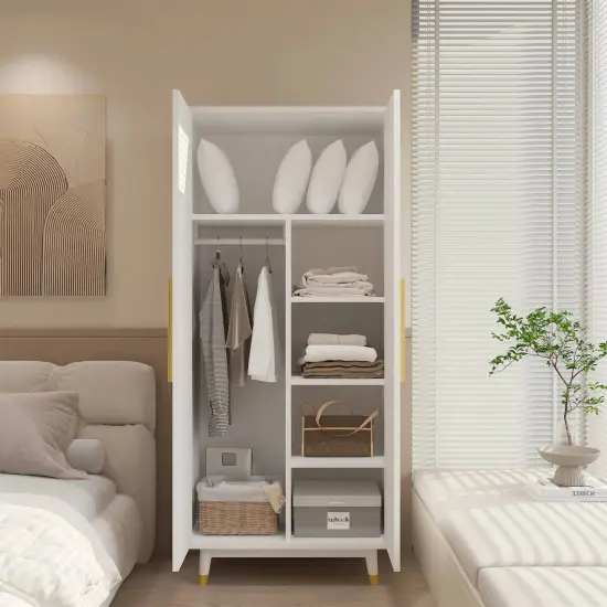 White 2 Door Wardrobe Cabinet with Hanging Rail and Fixed Shelf for Clothes Storage in Bedroom Garage Home Office {2}