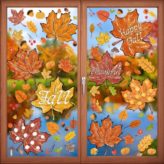 8 Sheets Thanksgiving Fall Window Clings - Maple Leaves Pine {1}