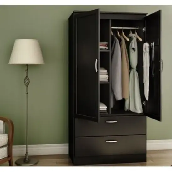 Modern Black Two Door Wardrobe with Drawers and Hanging Rod Storage for Bedroom Organization {2}