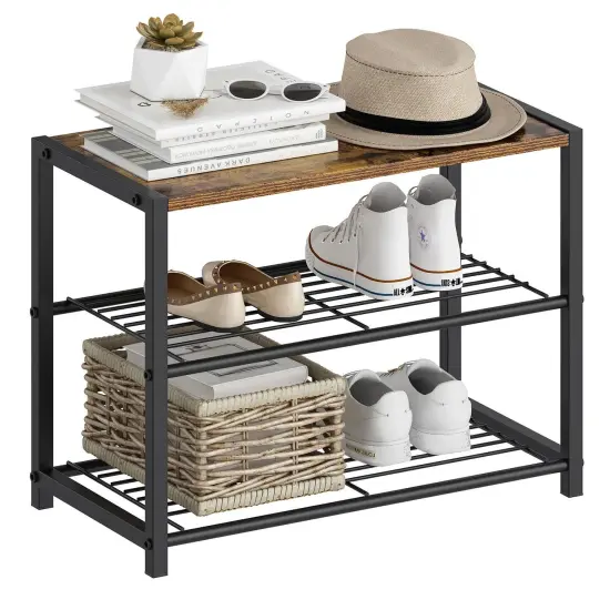 Black-Brown Metal 2-Shelf Shoe Rack Bench with Wood Top and Seat Function {2}