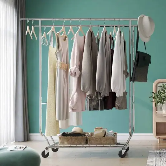 Silver Metal Double Bar Garment Rack with Wheels and Adjustable Height {2}