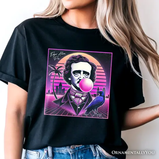 Synthwave 80's Styled Edgar Allan Poe Horror T-Shirt, Vaperwave Classic Retro Neon Halloween Tee {5}