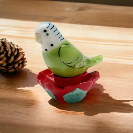 Ceramic Parakeet Bird on Flower Magnetic Salt & Pepper Shakers, Home D&eacute;cor, Gift for Her, Gift for Mom, Kitchen D&eacute;cor, Birdwatcher Gift {2}