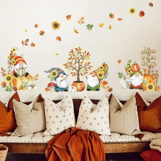 Fall Thanksgiving Pumpkin Wall Stickers Gnome Autumn Tree Leaves Peel {4}
