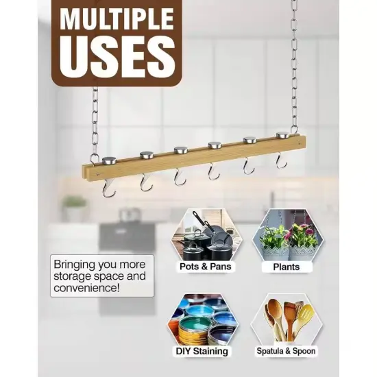 Ceiling Mounted Wooden Pot Rack with Hooks for Kitchen Storage {4}
