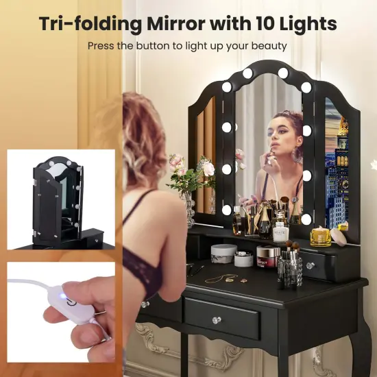 Costway Makeup Vanity Set with Tri-Fold Mirror & LED Lights 4 Drawers Open Shelf White/Black {11}