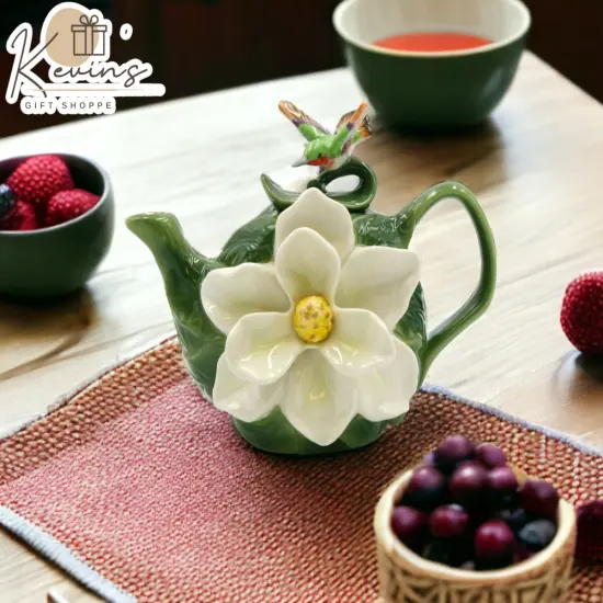 Ceramic Magnolia Flower with Hummingbird Teapot, Gift for Her, Gift for Mom, Tea Party D&eacute;cor, Caf&eacute; D&eacute;cor {1}