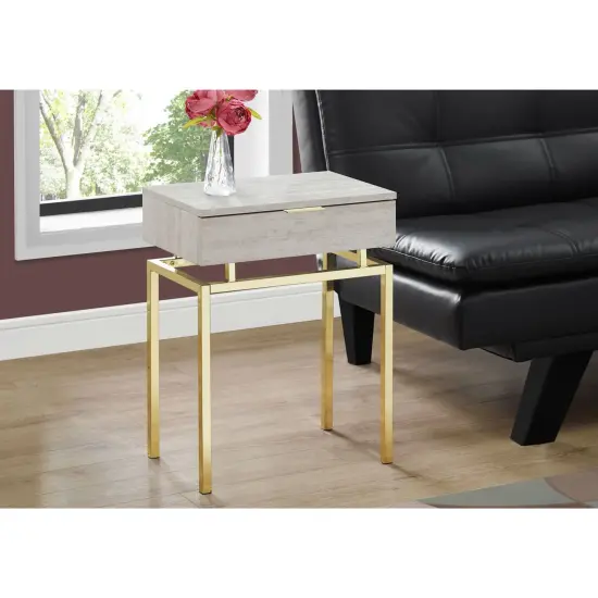 24" Modern End Table with Drawer and Beige Marble Look Top, Gold Metal Base for Bedroom {3}