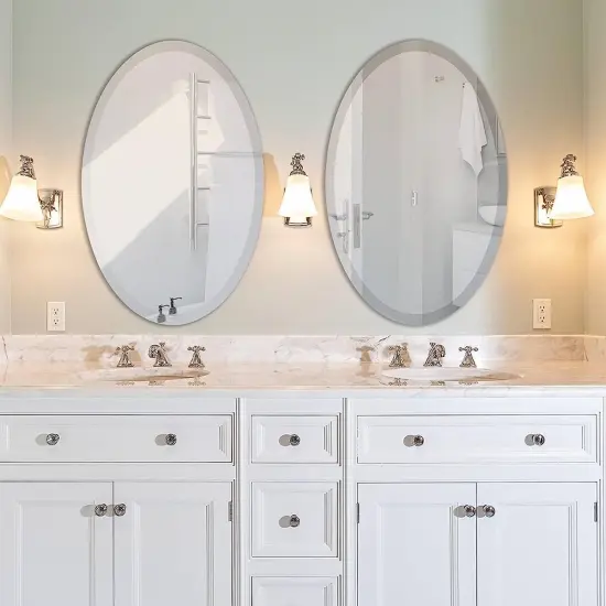 Silver Frameless Oval Bathroom Mirror with Beveled Edges and Ultra-Thin Hanging System {2}