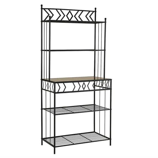 Black Metal Bakers Rack with Faux Marble Top, 5-Tier Shelving and Industrial Design {1}