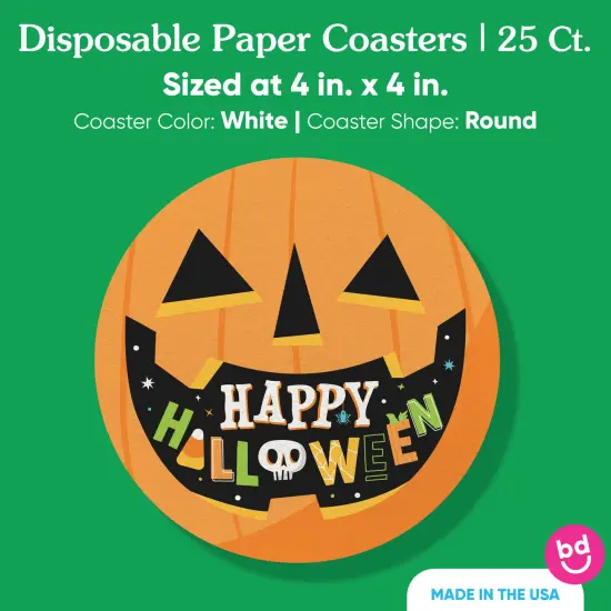 Big Dot of Happiness 25 Ct Jack-O'-Lantern Happy Halloween Drink Coasters, 4-Inch Disposable Round Paper Coasters, Cup Mats for Table Beverages {5}