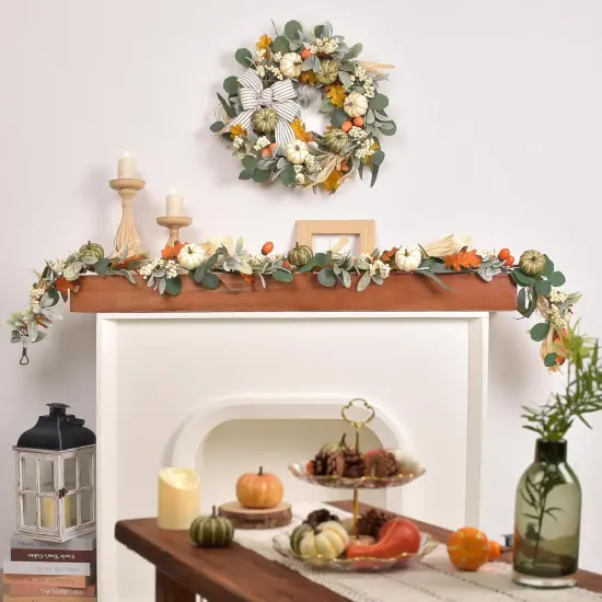 20'' Fall Wreath with Lights, Eucalyptus Pumpkins Autumn Wreaths {4}