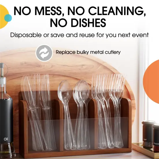 Exquisite Polished Plastic Silverware &ndash; 150 Pcs Heavy Duty Cutlery Set &ndash; 50 Each of Forks, Knives & Spoons &ndash; Disposable Utensil Set for Parties, Events & Catering &ndash; Flatware Set by Party Solids Clear {5}