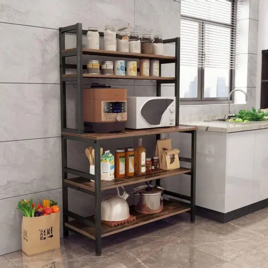Rustic Brown Wood and Metal Kitchen Baker&rsquo;s Rack with 5 Shelves and Large Countertop {1}