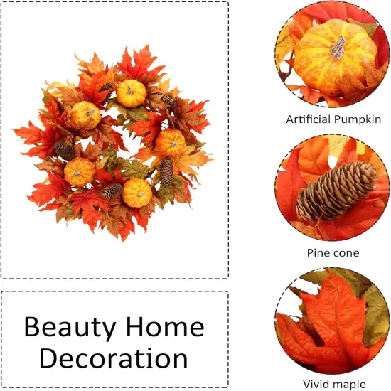 20 Inch Fall Wreaths for Front Door, Autumn Maple Leaves Pumpkin Pine Cone Wreath, Fall Decorations for Harvest Thanksgiving Halloween Farmhouse Home Outside Window Wall {3}