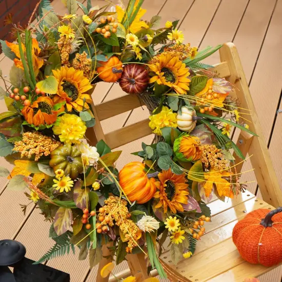 24 Inch Fall Wreaths with Sunflowers, Pumpkins, and Leaves {2}