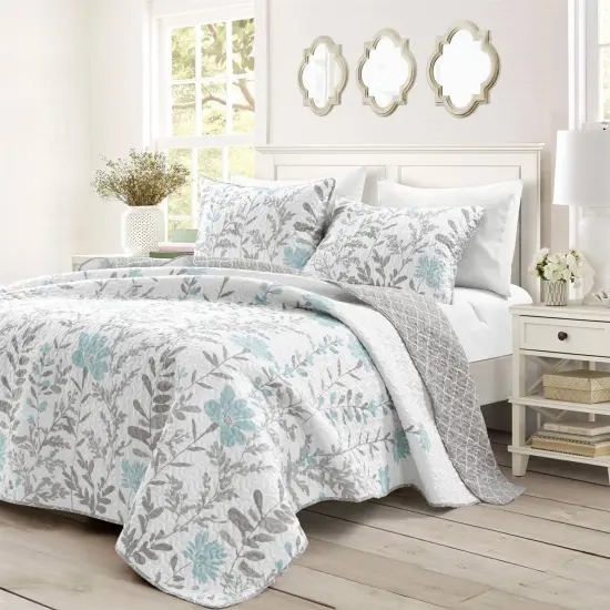 Blue Grey Floral Lightweight Thin Polyester Fabric 3-Piece Quilt Set {1}