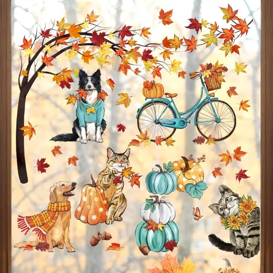 59PCS Fall Window Clings 9 Sheets, Autumn Dogs Cats Maple Leaves {2}