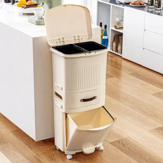 Cream Polypropylene Dual-Compartment Trash Can with Wheels, Foot Pedal and Pop-Up Lid {1}