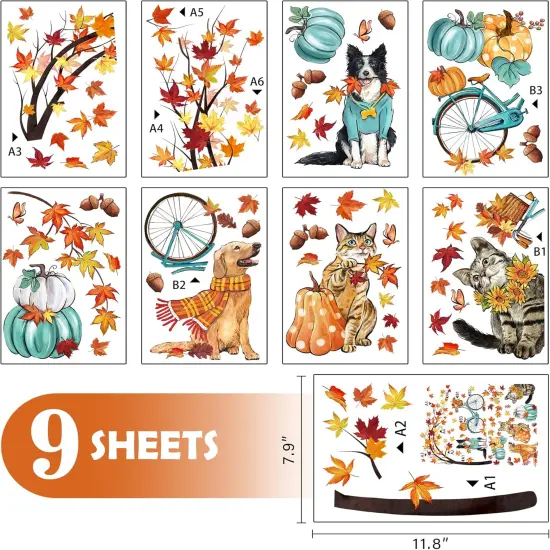 59PCS Fall Window Clings 9 Sheets, Autumn Dogs Cats Maple Leaves {5}