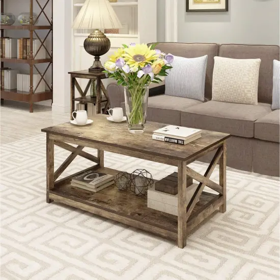 2-Tier Rustic Wood Coffee Table with Open X-Frame Sides Perfect for Living Room Storage {2}