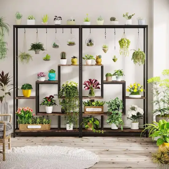 Brown Particle Board and Metal 5-Tier Indoor Ladder Plant Stand {4}