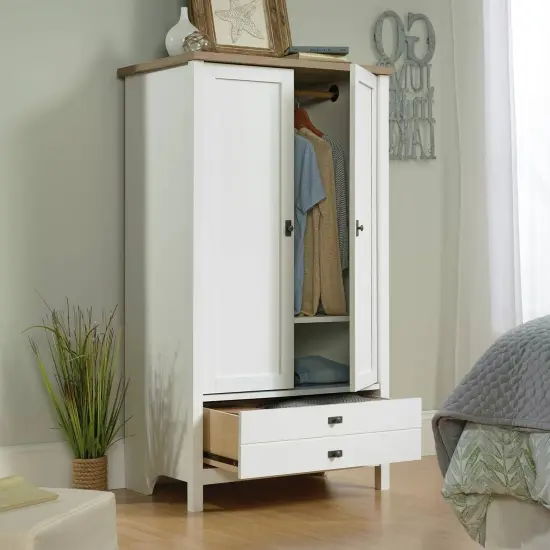 Farmhouse Bedroom Armoire Cabinet with Bottom Storage Drawer in White Wood Finish {1}