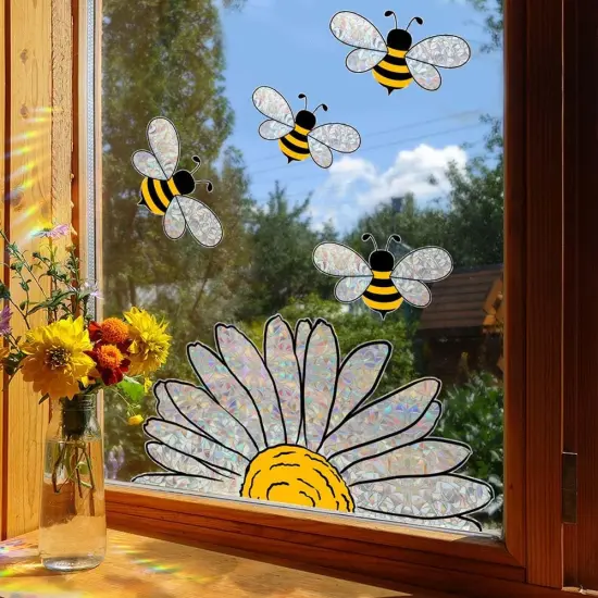 5pcs Bee Sunflower Window Stickers - Double-Side Glass Decals (White) {4}