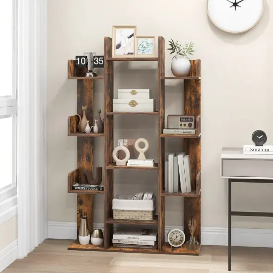 Costway 1/2 PCS Bookshelf Tree-Shaped Bookcase with 13 Storage Shelf Rustic Industrial Style Rustic Brown {5}