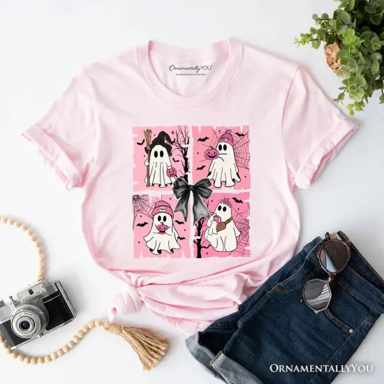 Pink Halloween Ghost T-Shirt, Coquette Spooky Season Tee for Girly Aesthetic {1}