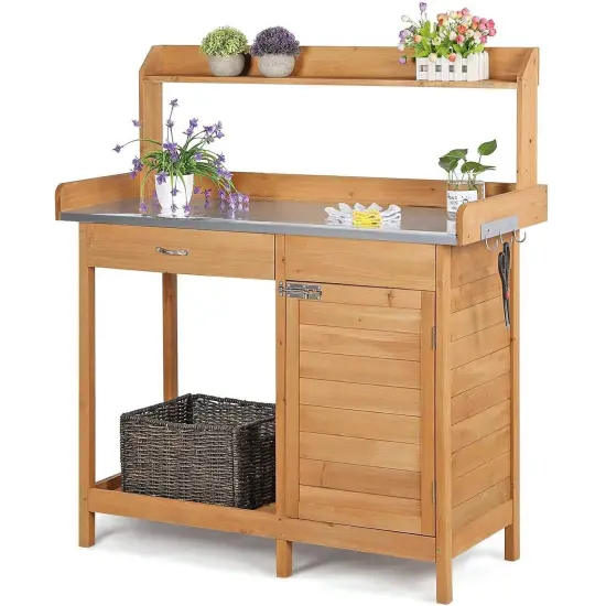 Garden Potting Bench with Steel Table Top and Storage Cabinet and Hooks {3}
