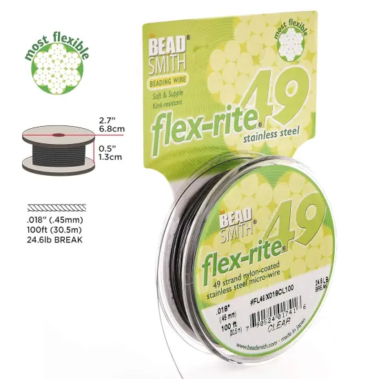 The Beadsmith Flex-Rite Beading Wire - Stainless Steel Micro Flexible Wire, 49 Strand, Clear Color, .018" Diameter, 100-Foot Spool, Nylon Coated {3}