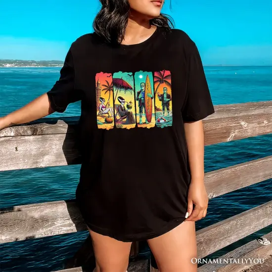 Frankenstein's Beach Vacation T-Shirt, Retro Neon Surf Style Tee for Horror Fans with Summer Vibes {6}