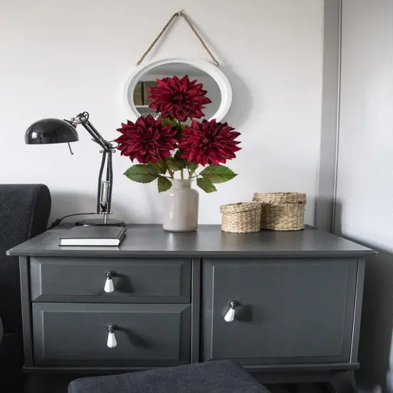 3Pcs Dark Red Artificial Dahlia Flowers with Long Stem - 28" {5}