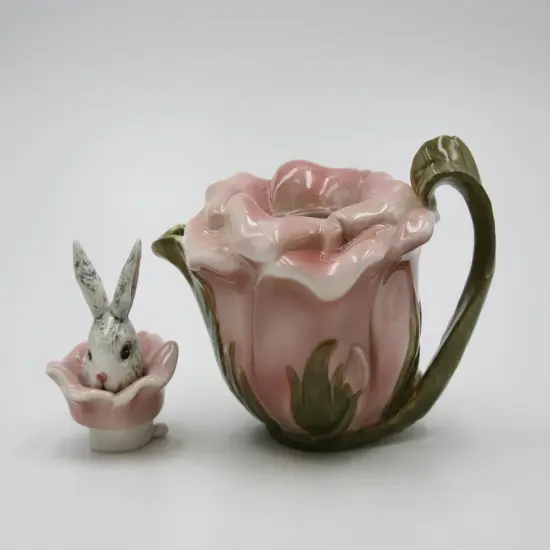 Ceramic Bunny Rabbit on a Rose Teapot, Gift for Her, Gift for Mom, Tea Party D&eacute;cor, Caf&eacute; D&eacute;cor, Spring Kitchen Decor {5}
