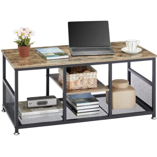 Modern 3-Tier Grey Coffee Table with Metal Frame and Bottom Storage Shelves for Living Room or Office {1}