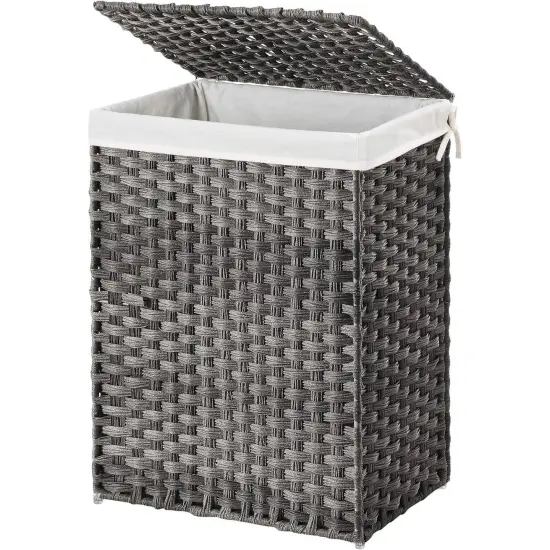 Grey Rattan Plastic Laundry Hamper with Lid, Cotton Liner and Iron Frame {1}