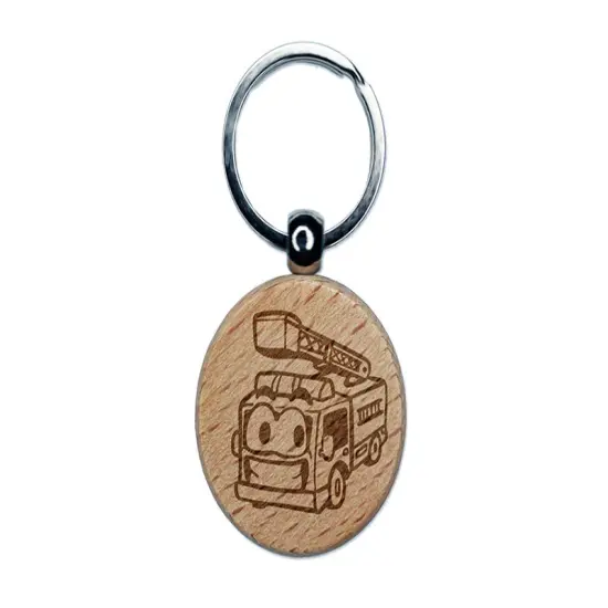 Smiling Cartoon Firetruck Vehicle Firefighter Truck Ladder Engraved Wood Round Keychain Tag Charm {1}