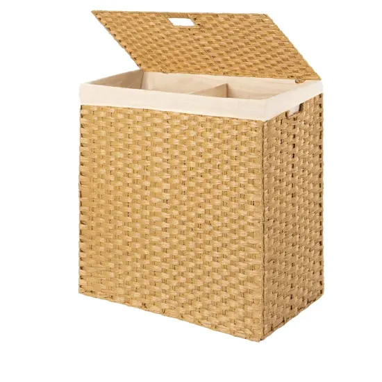 Natural Wicker Folding Laundry Hamper with 2 Bins and Linen Liner {1}