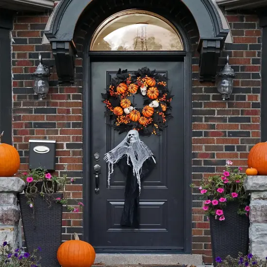 Halloween Wreath with Artificial Pumpkin Handmade Black Maple Leave Skull Pumpkin Orange Berries 20''Front Door Decorations for Indoor Outdoor Home Halloween Festival Decoration {2}