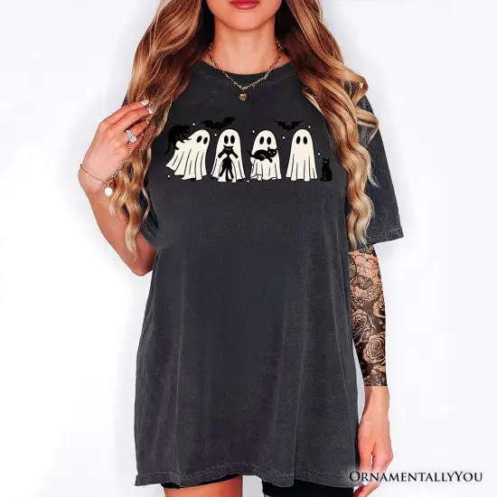 Ghosts and Cats Spooky T-Shirt, Whimsical Halloween Tee for Cozy Autumn Season {2}