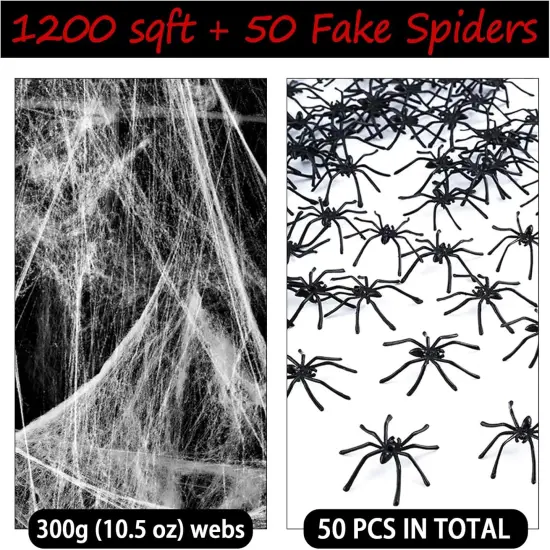1200 sqft Halloween Spider Webs & 50pcs Fake Spiders Super Stretch Cobwebs {2}