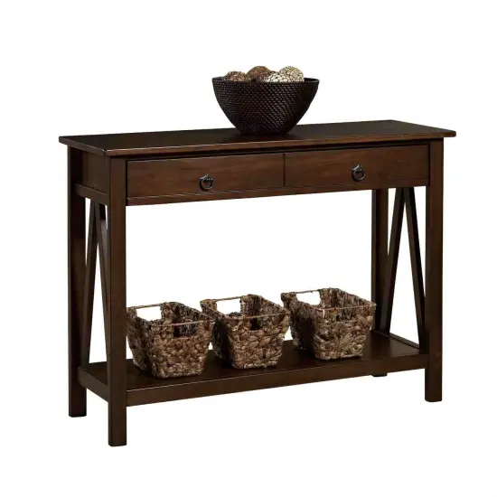 Brown 2-Drawer Console Table with Storage Shelf for Entryway, Hallway or Living Room Decor {3}
