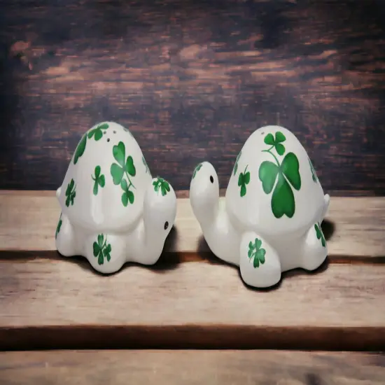 Ceramic Turtles with Shamrock Design Salt and Pepper Shakers, Home Décor, Gift for Her, Mom, Kitchen Décor, Irish Saint Patrick’s Day Décor {3}